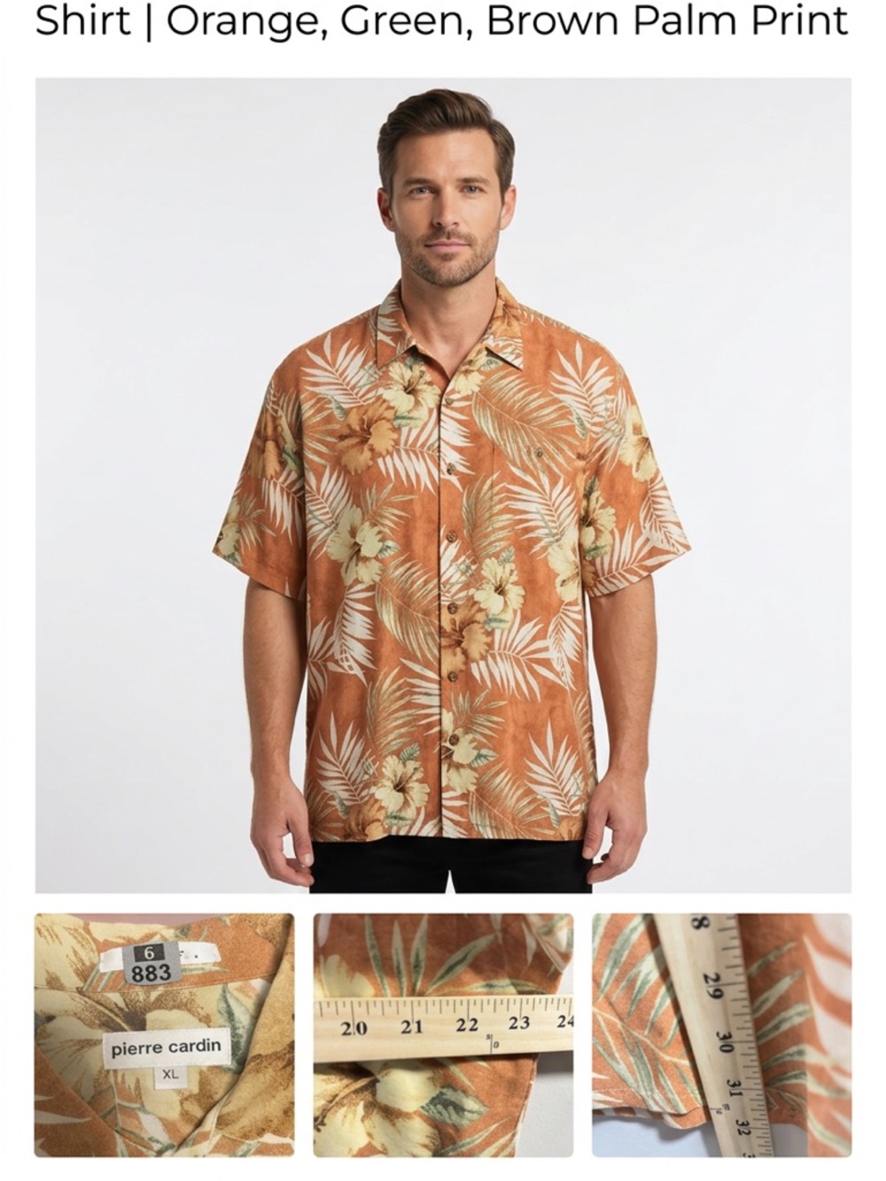 Vintage Pierre Cardin Shirt Mens XL Hawaiian Green Orange Brown Floral Palm